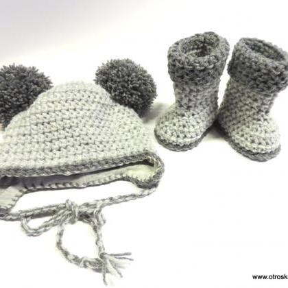 Crocheted Set, Booties With Hat
