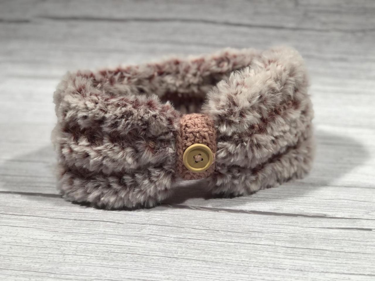 Crochet Earwarmer, 2 In 1 (with Or Without Button Ring), Adult Headband, Teen Headband, Soft Fake Furr