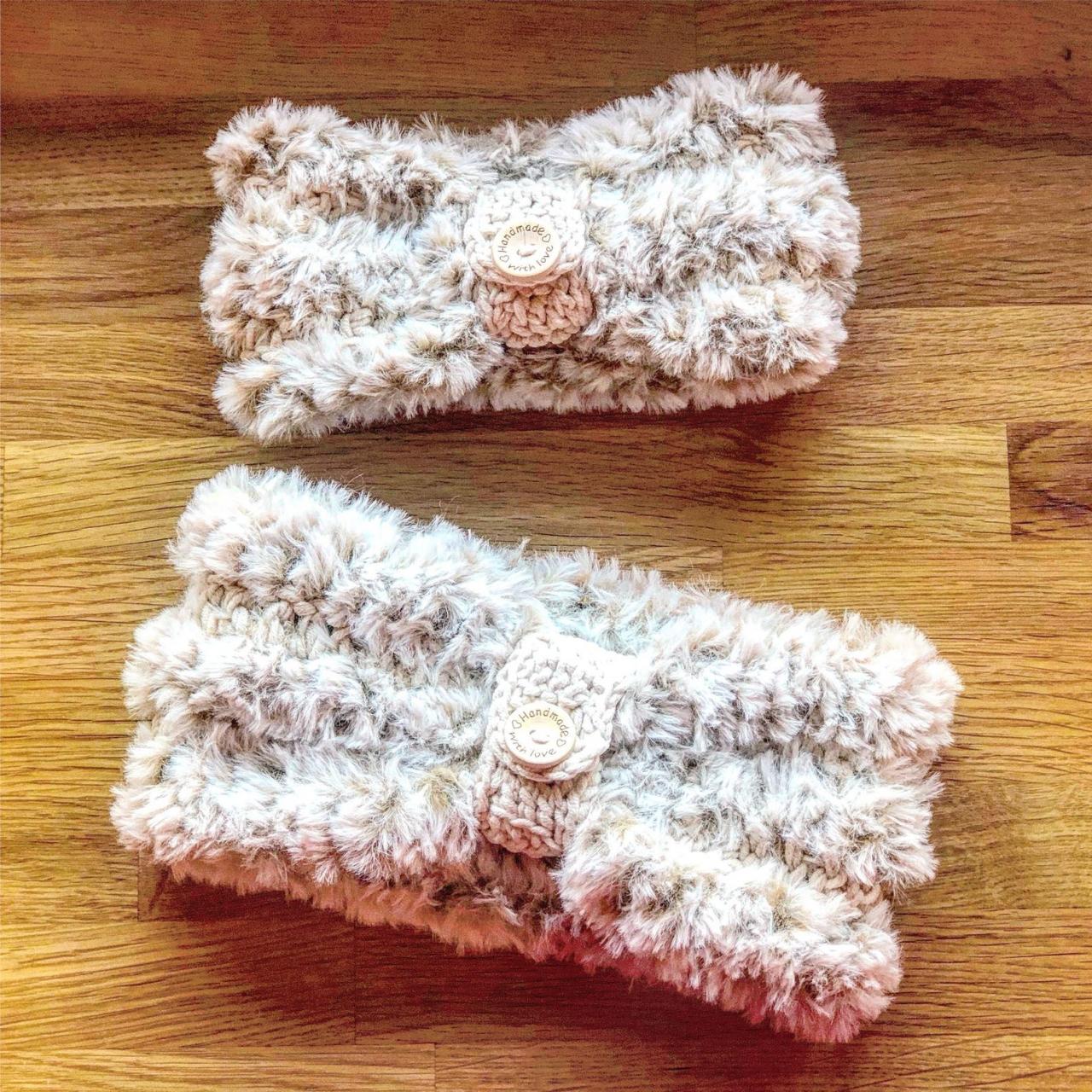 Crochet Earwarmers (2 Peaces) 2 In 1 (with Or Without Button Ring), Adult Headband, Teen Headband, Soft Fake Furr, Mom And Doughter Set