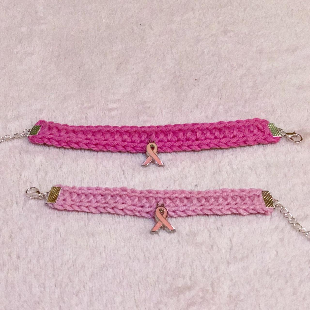Crochet Bracelet - Limited EDition - Pink Bow- Breast Cancer Awareness- Simple Bracelet - Casual Bracelet - Chain Lobster Clasps Conn