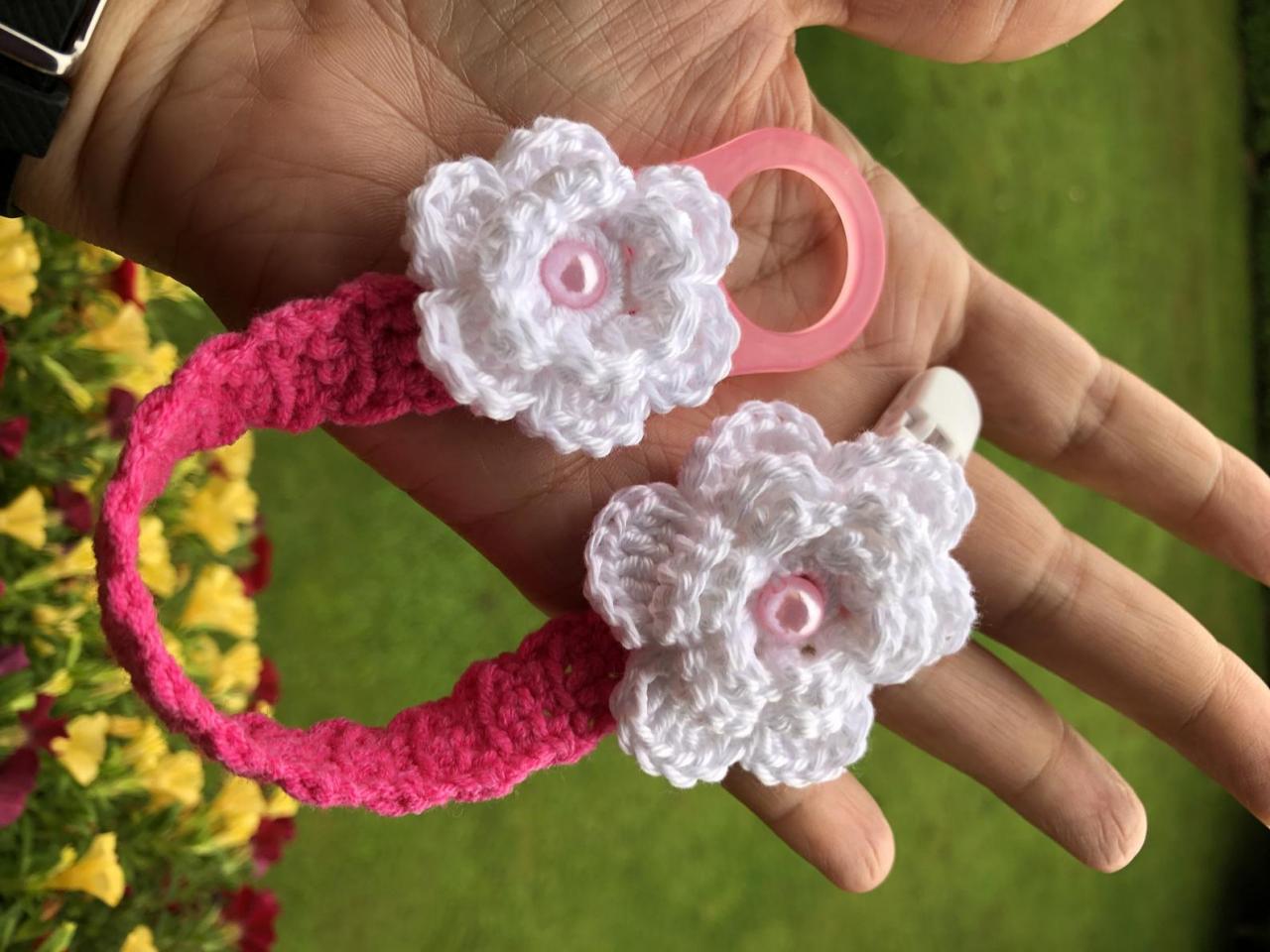 Pacifier Holder - Crochet Pacifier Holder - Baby Pacifier Holder - Pink And White