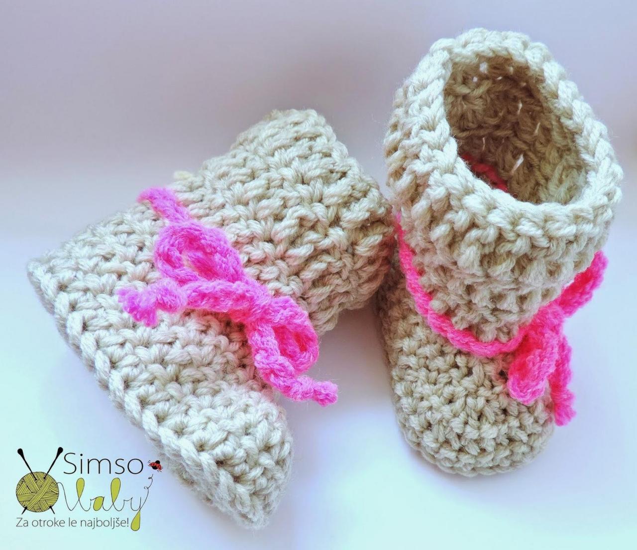 Crocheted slippers - soft wool yarn - bow edition (baby slippers, wool, baby gift, newborn, boy, girl)