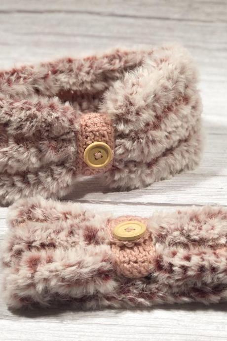 Crochet Earwarmers (2 Peaces) 2 In 1 (with Or Without Button Ring), Adult Headband, Teen Headband, Soft Fake Furr, Mom And Doughter Set