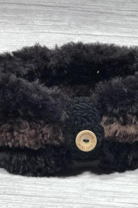 Crochet earwarmer2 in 1 (with or without button ring), Adult headband, Teen headband, Soft Fake Furr