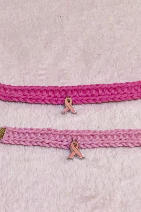 Crochet Bracelet - Limited EDition - Pink Bow- Breast Cancer Awareness- Simple Bracelet - Casual Bracelet - Chain Lobster Clasps Conn
