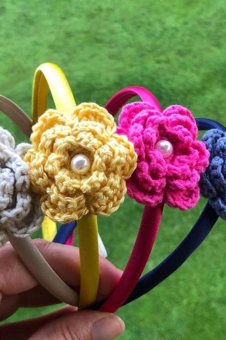 Cute Satin Headband Colorful Women Adult Kids Girls with Crochet Flower