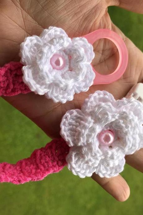 Pacifier Holder - Crochet Pacifier Holder - Baby Pacifier Holder - Pink and White